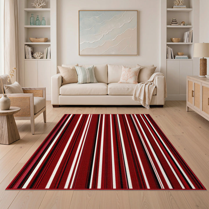 Bold Red Striped Washable Area Rug
