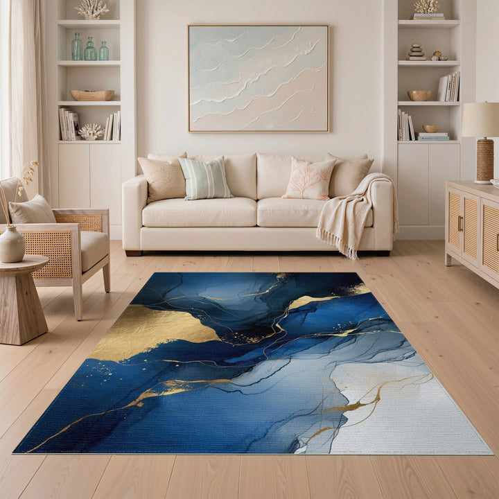 Blue Gold Abstract Fluid Area Rug
