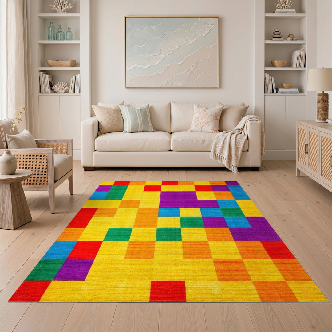 Vibrant Geometric Block Multi-Color Area Rug