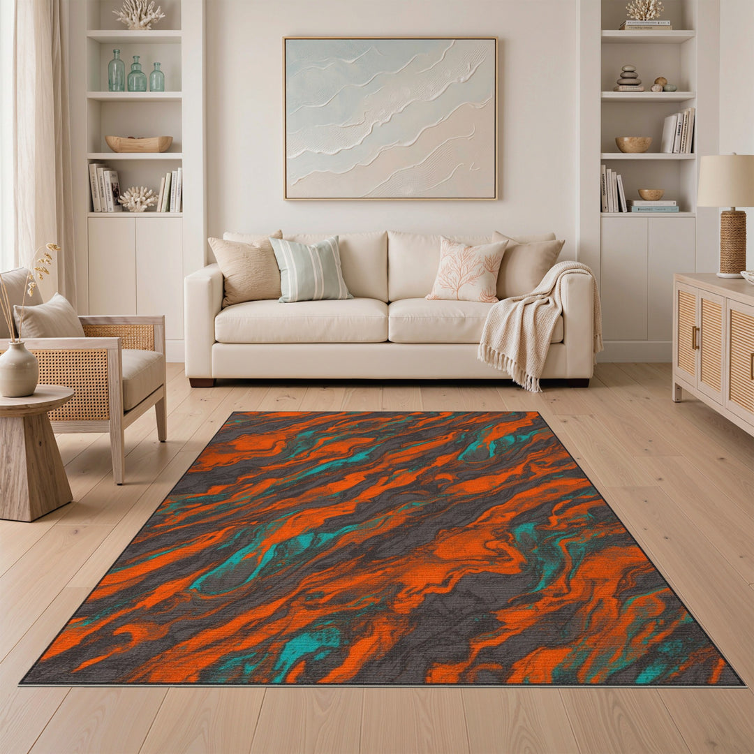 Vibrant Orange Teal Swirl Abstract Area Rug