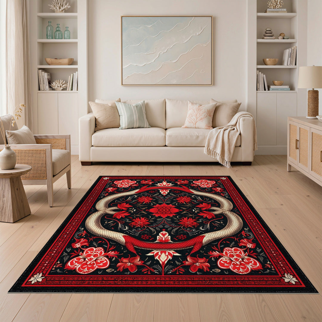 Red Floral Serpent Area Rug