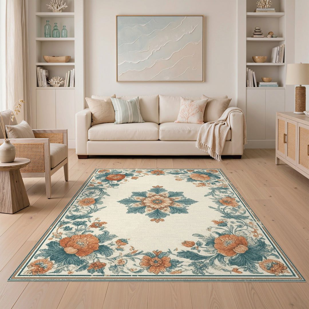 Vintage Floral Medallion Teal Orange Area Rug