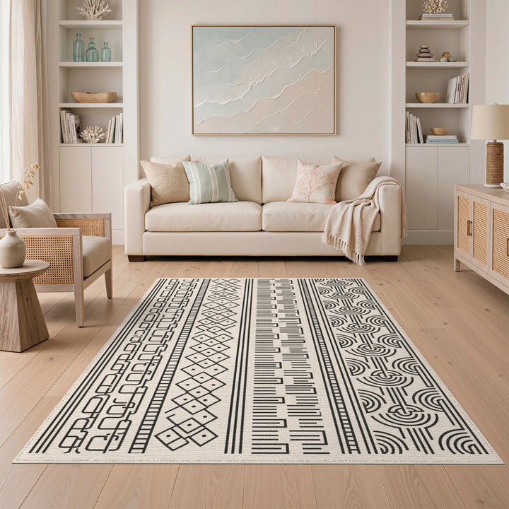 Black White Geometric Striped Area Rug