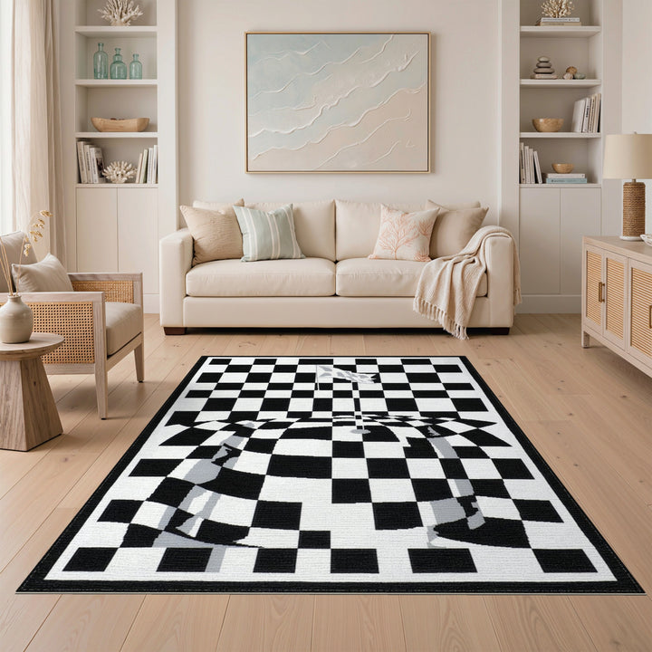 Black White Wavy Checkered Illusion Area Rug