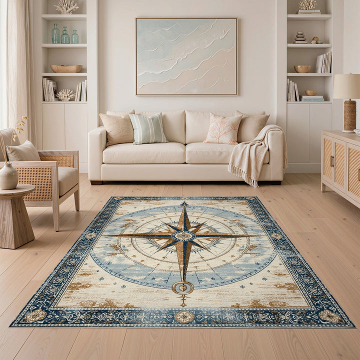 Distressed Vintage Compass Blue Area Rug