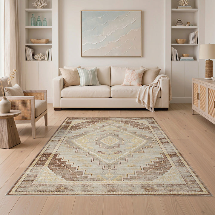Brown and Tan Distressed Vintage Brown Geometric Area Rug