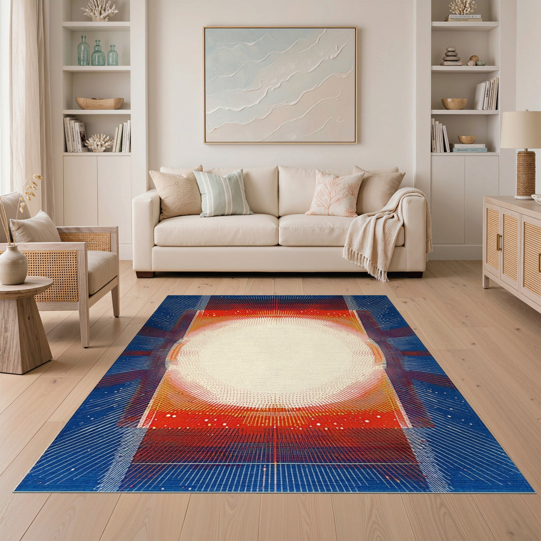 Geometric Sunburst Area Rug in Red and Blue
