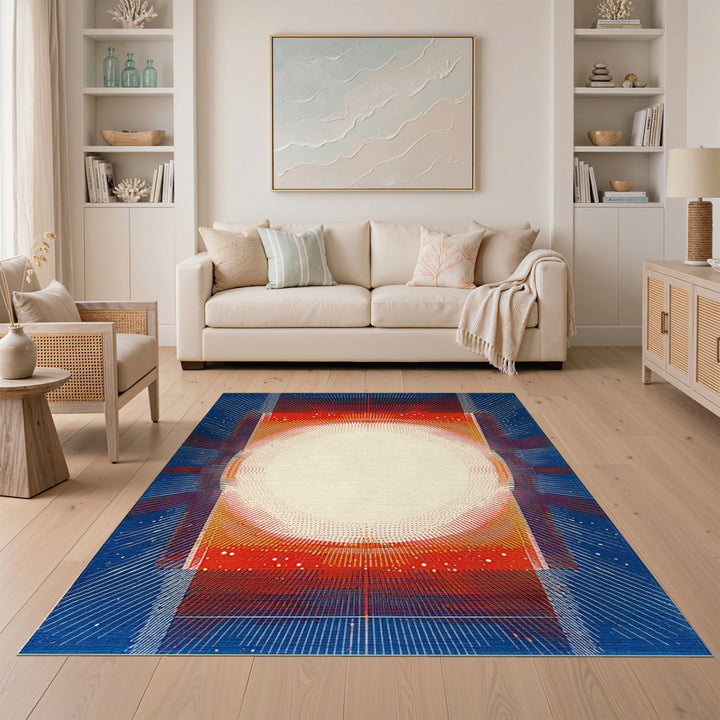 Geometric Sunburst Area Rug in Red and Blue