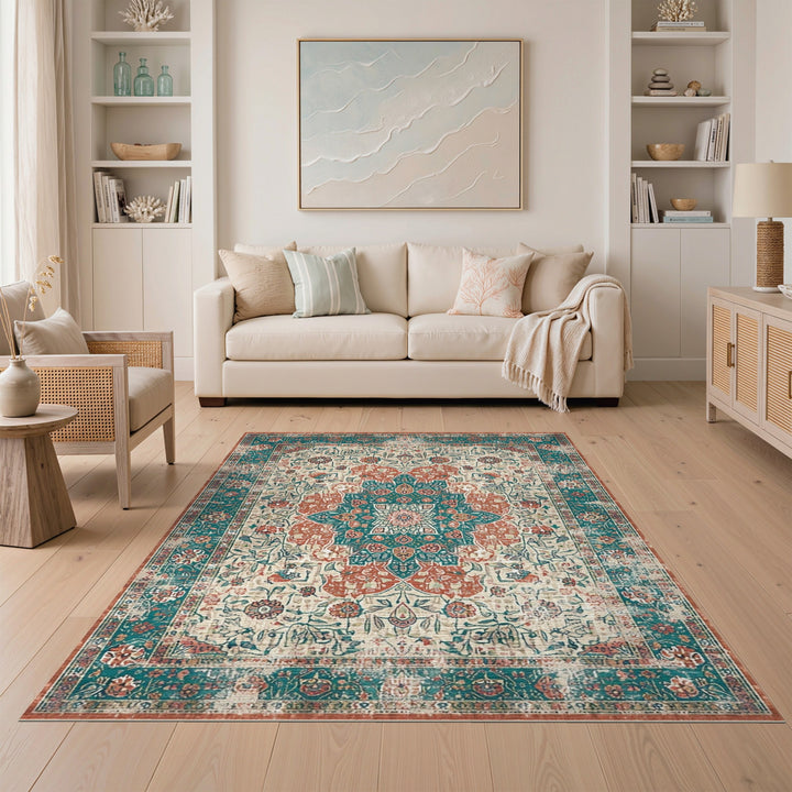 Teal Medallion Distressed Vintage Area Rug
