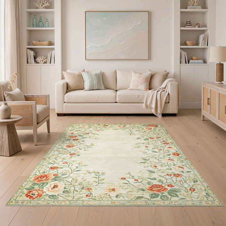 Vintage Floral Rose Area Rug in Soft Green