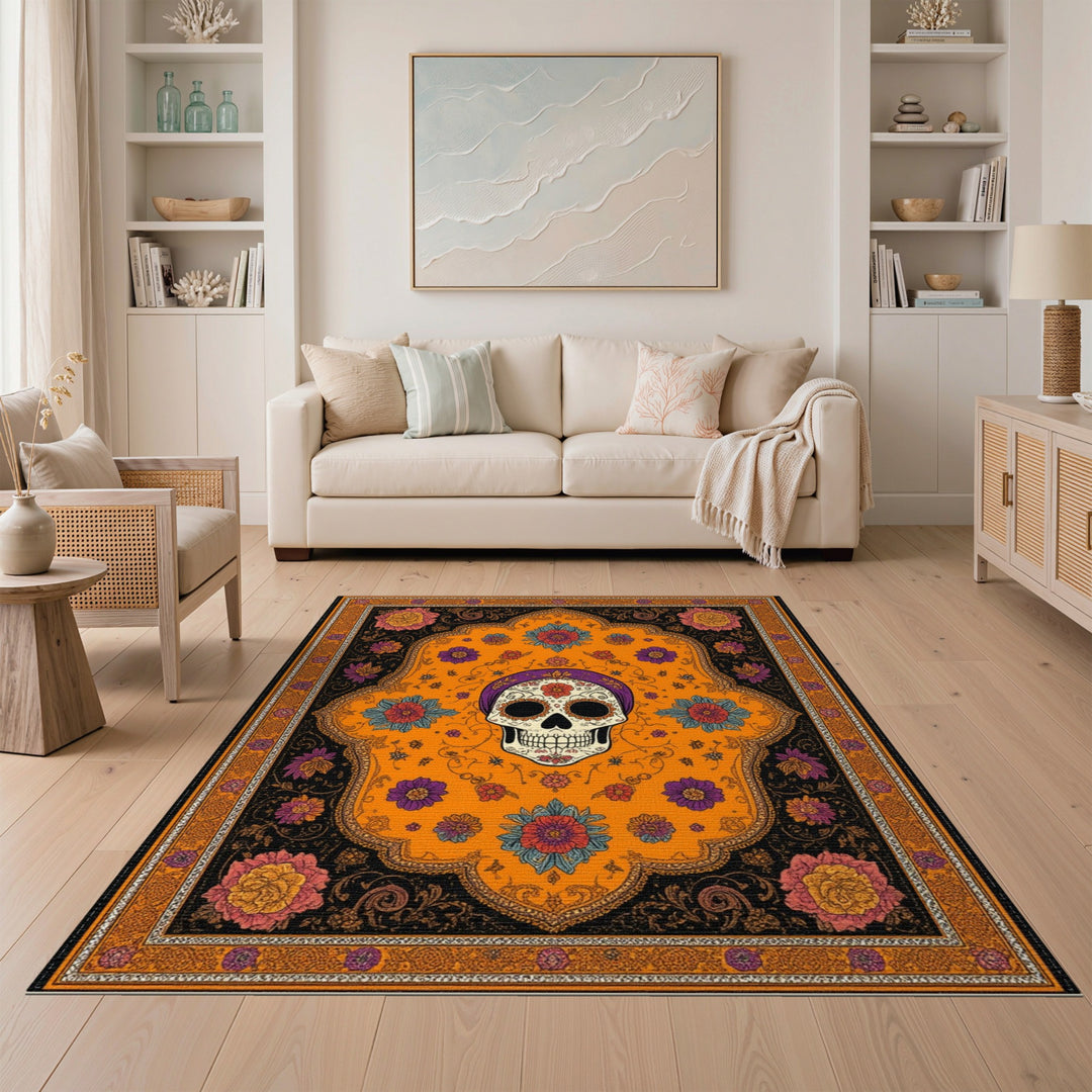 Orange Sugar Skull Floral Area Rug