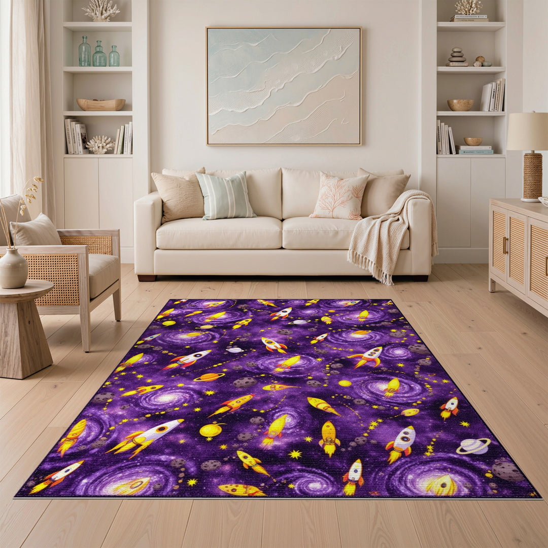 Purple Cosmic Rockets Kids Area Rug