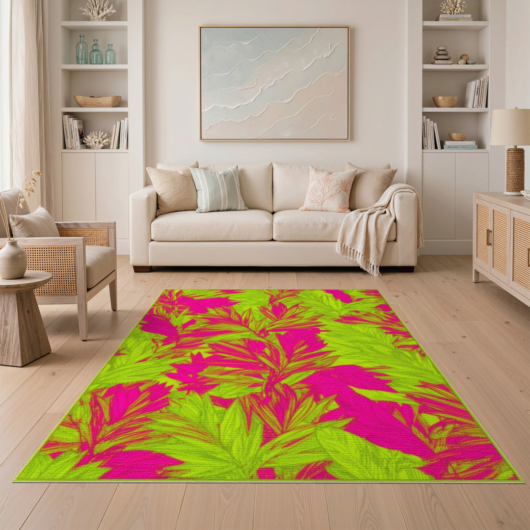 Bold Pink and Lime Leaf Area Rug