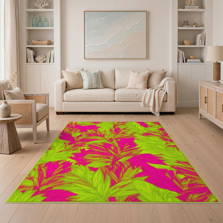 Bold Pink and Lime Leaf Area Rug