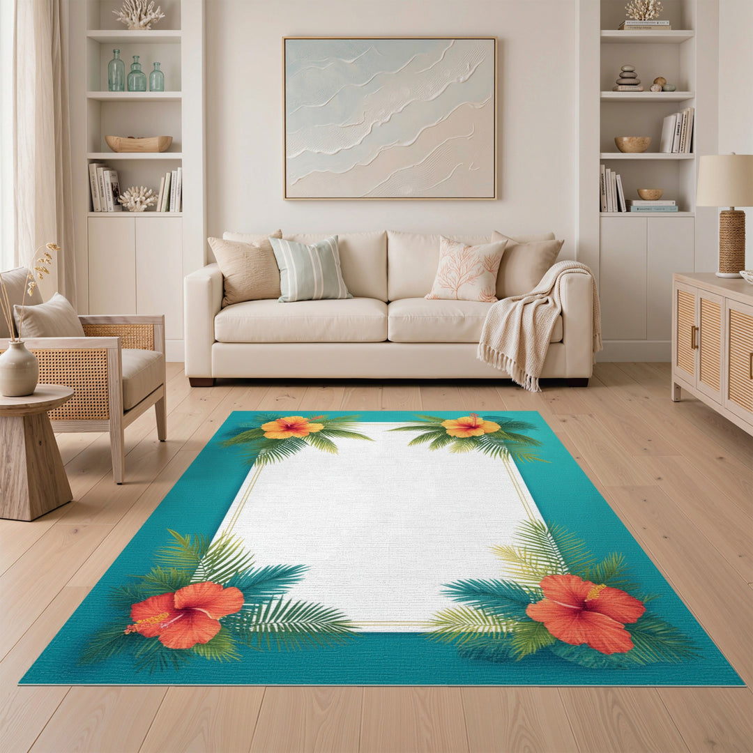 Hibiscus Palm Teal Border Area Rug