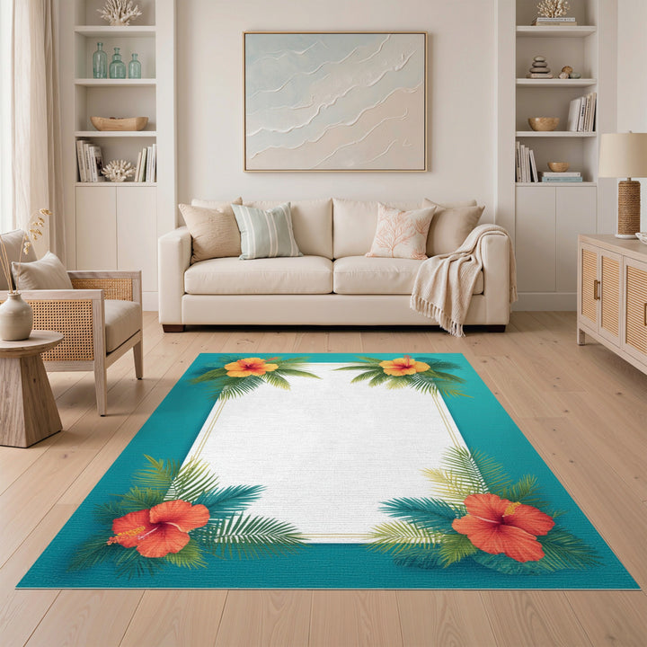 Hibiscus Palm Teal Border Area Rug