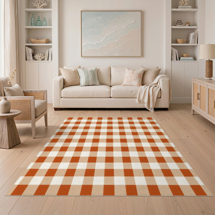 Orange Gingham Check Area Rug