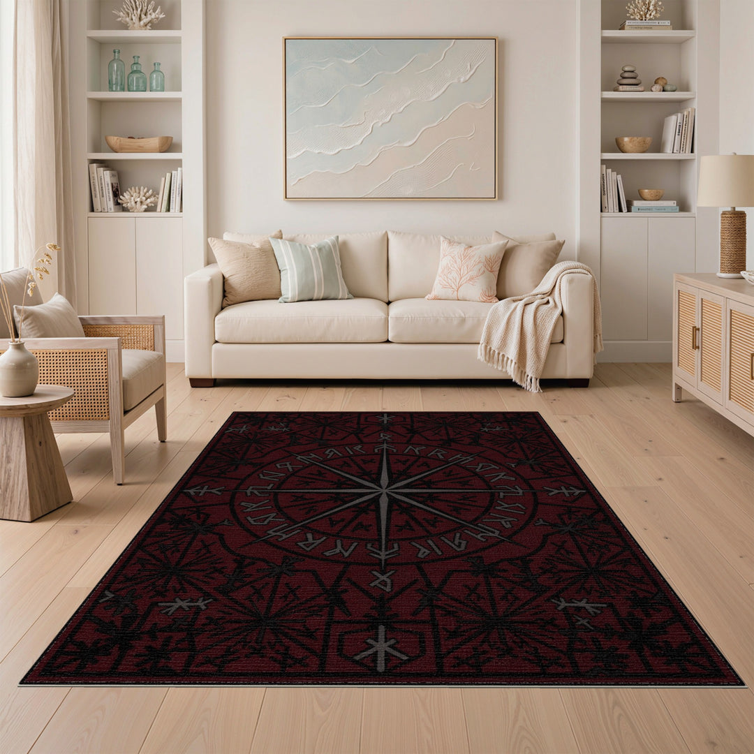 Red Norse Rune Compass Area Rug