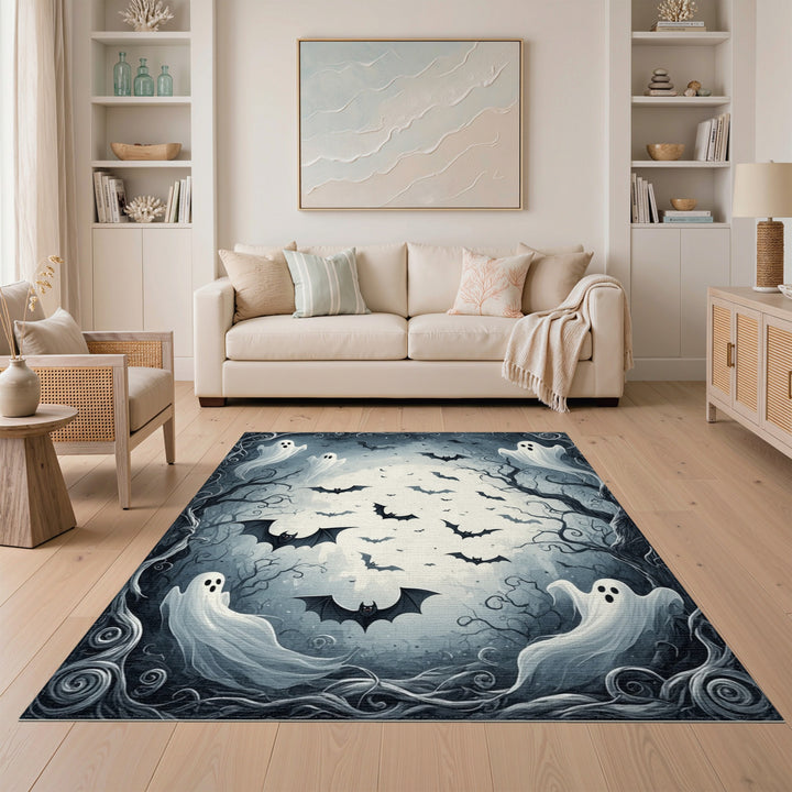 Moonlit Ghosts and Bats Black White Area Rug