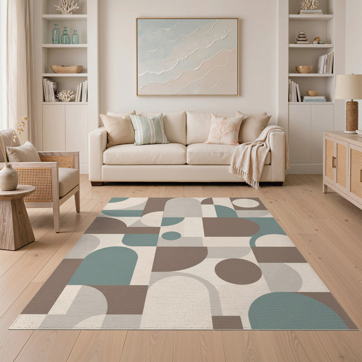 Geometric Beige Area Rug with Teal Accents