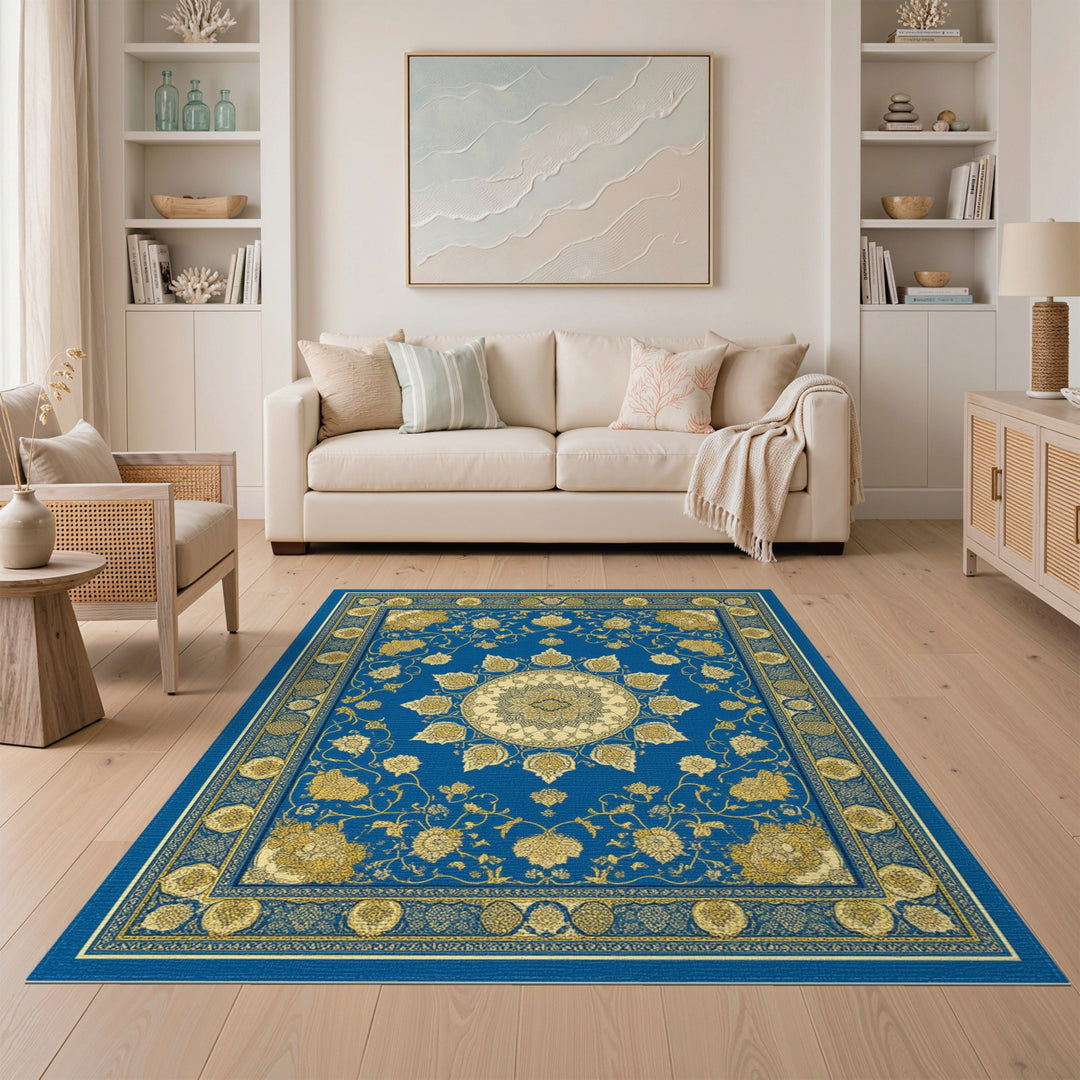 Blue Gold Medallion Floral Persian Area Rug