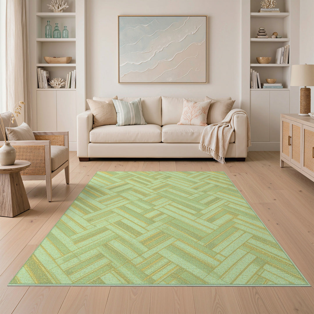Green Geometric Area Rug with Gold Accents