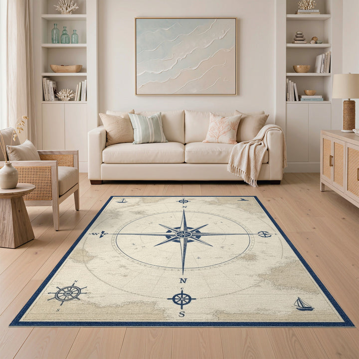 Distressed Vintage Blue and Teal Vintage Nautical Compass Blue Area Rug