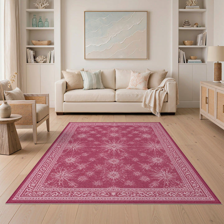 Pink Starburst Area Rug with Ornate Border