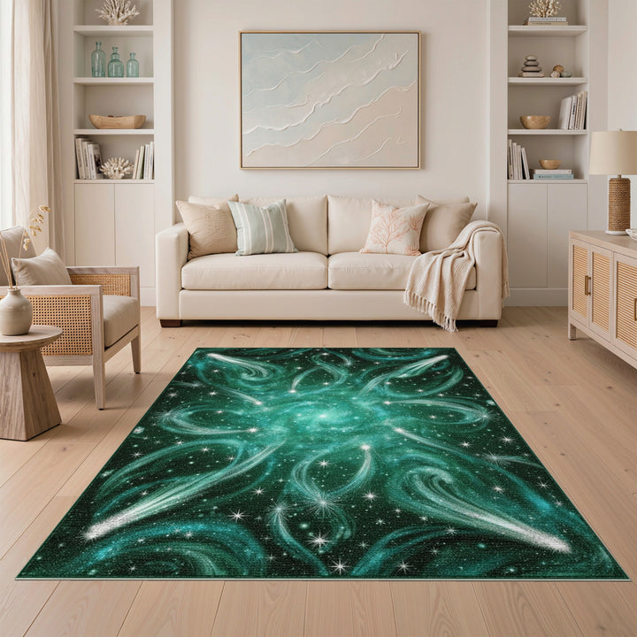 Starry Teal Nebula Washable Area Rug