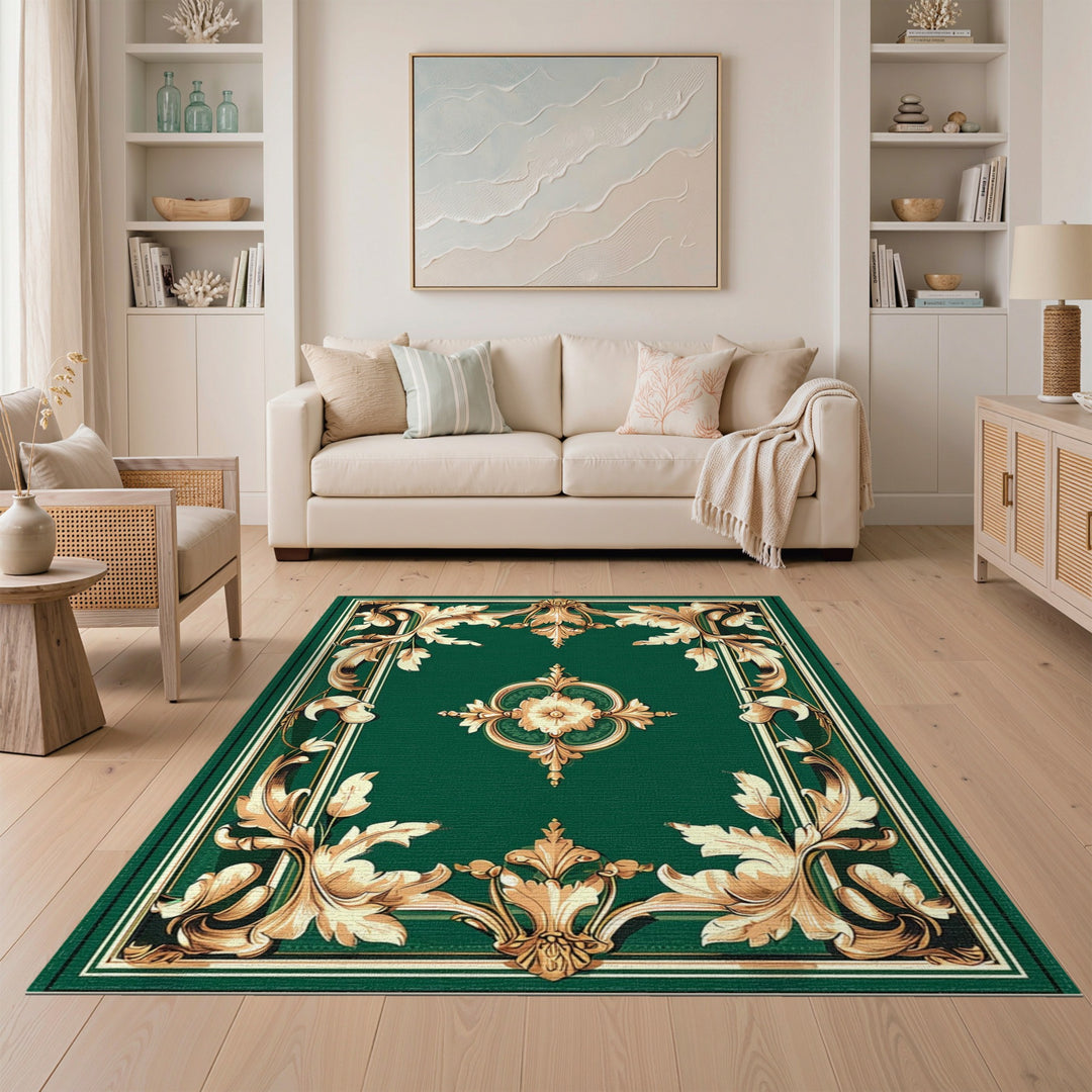 Ornate Gold Floral Medallion Green Area Rug