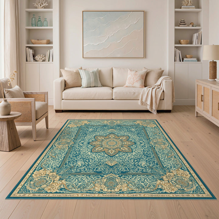 Teal Gold Traditional Persian Medallion Rug