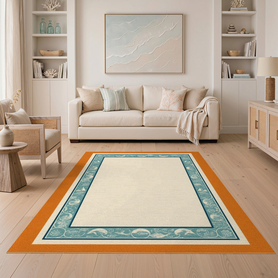 Coastal Teal Sailboat Border Area Rug