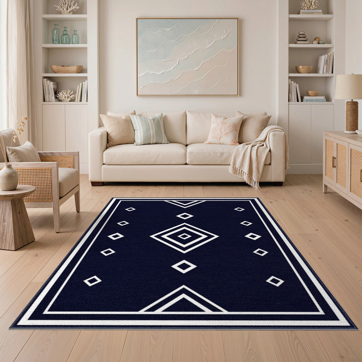 Black and White Navy Geometric Diamond Area Rug