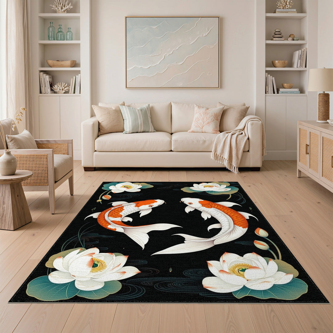 Orange Koi Lotus Black Area Rug