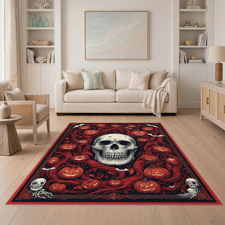 Gothic Skull and Pumpkin Red Area Rug