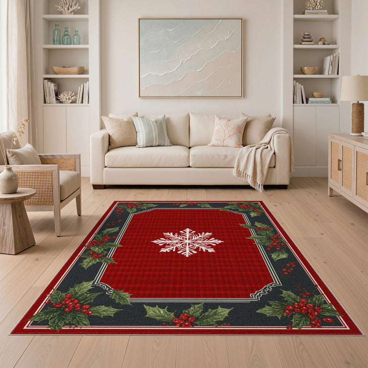 Red Plaid Snowflake Holly Area Rug
