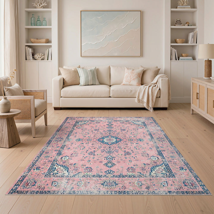 Pink Distressed Vintage Floral Area Rug