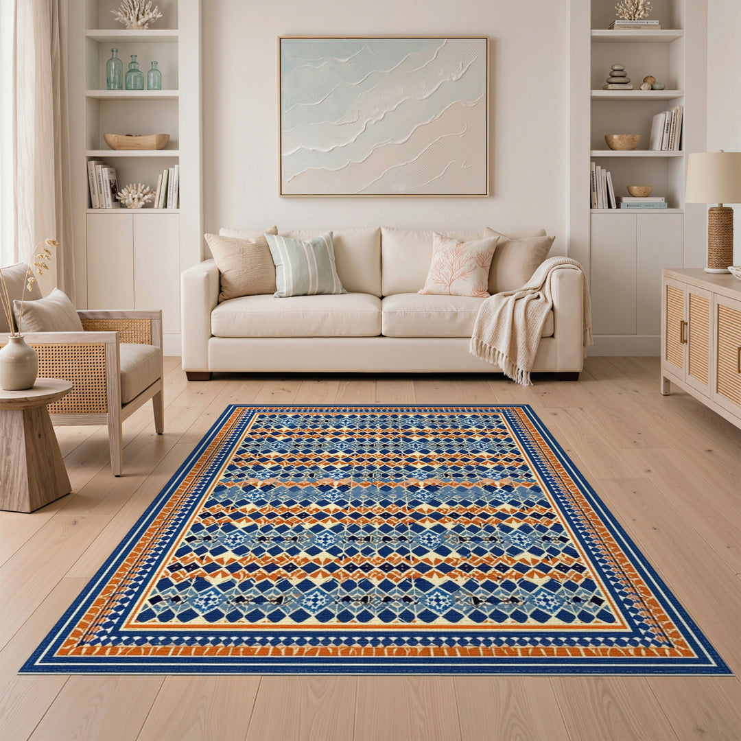Blue Orange Geometric Diamond Area Rug