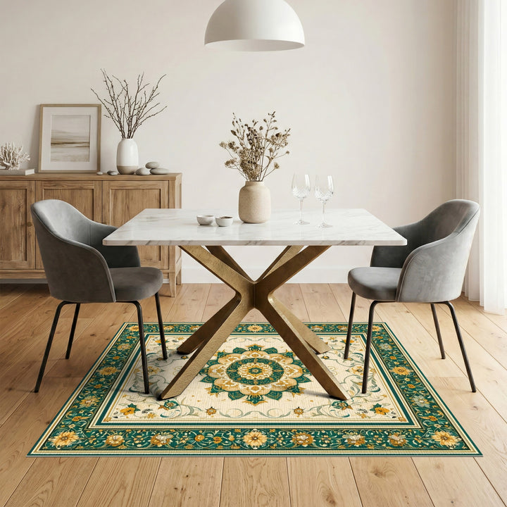 Blue and Teal Gold Floral Persian Medallion Rug