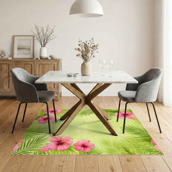 Pink Hibiscus Palm Leaf Washable Area Rug