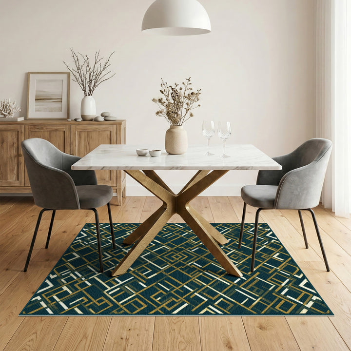 Blue and Teal Geometric Gold Area Rug