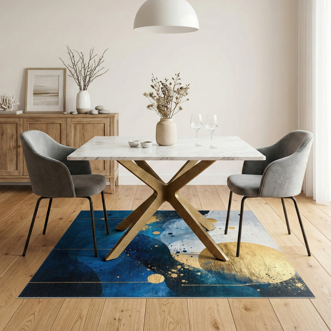 Blue and Teal Blue Gold Abstract Wave Area Rug