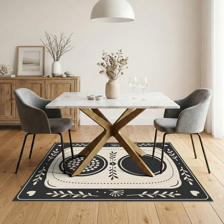 Black White Geometric Floral Area Rug