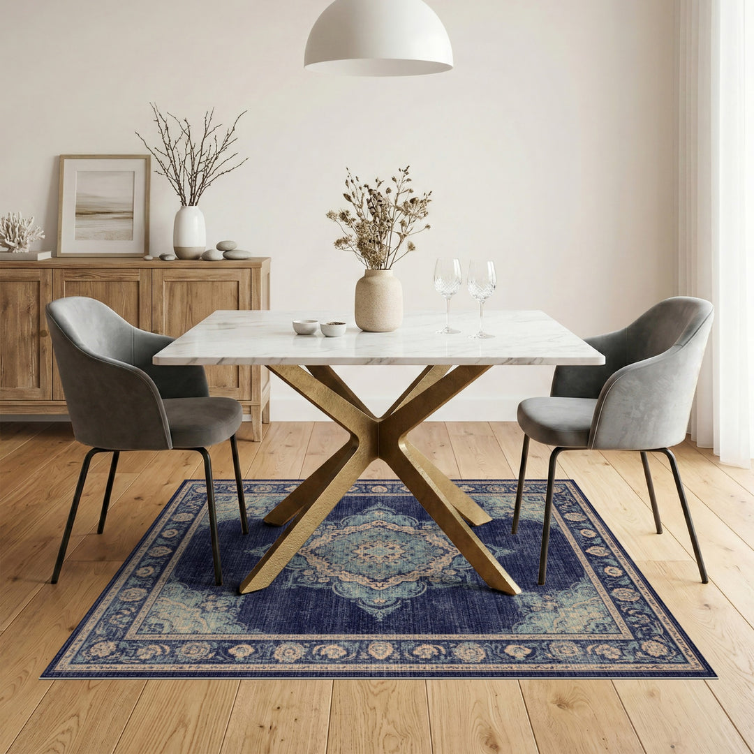 Blue Teal Distressed Vintage Medallion Rug