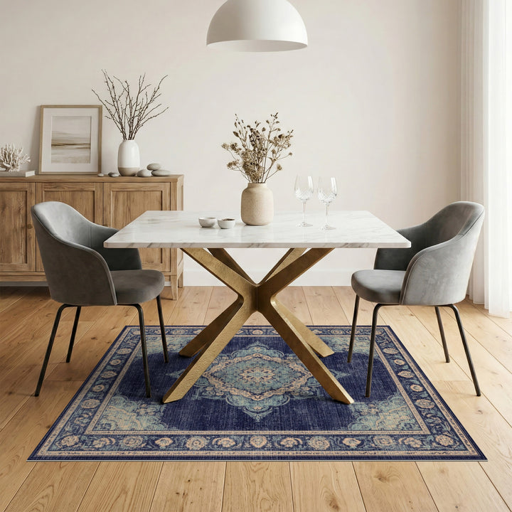 Blue Teal Distressed Vintage Medallion Rug