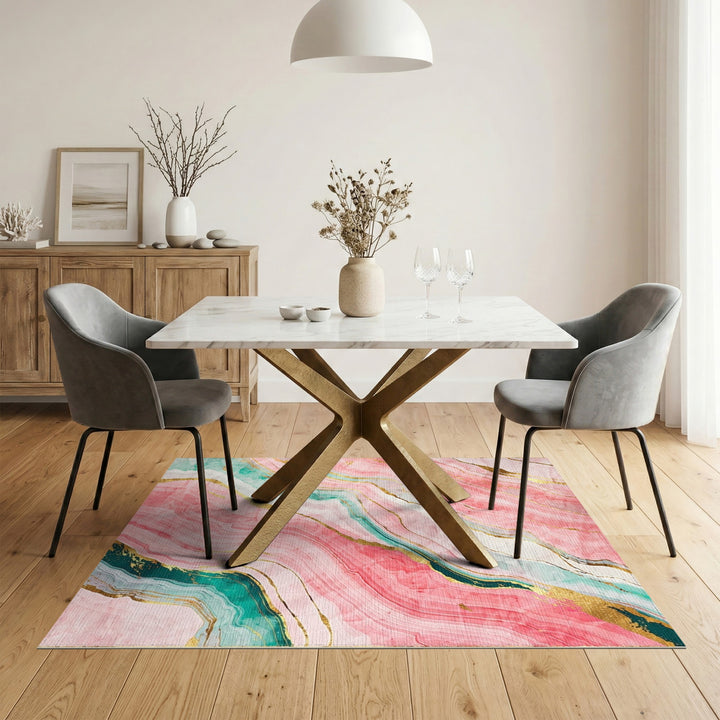 Pink Marble Gold Teal Abstract Area Rug