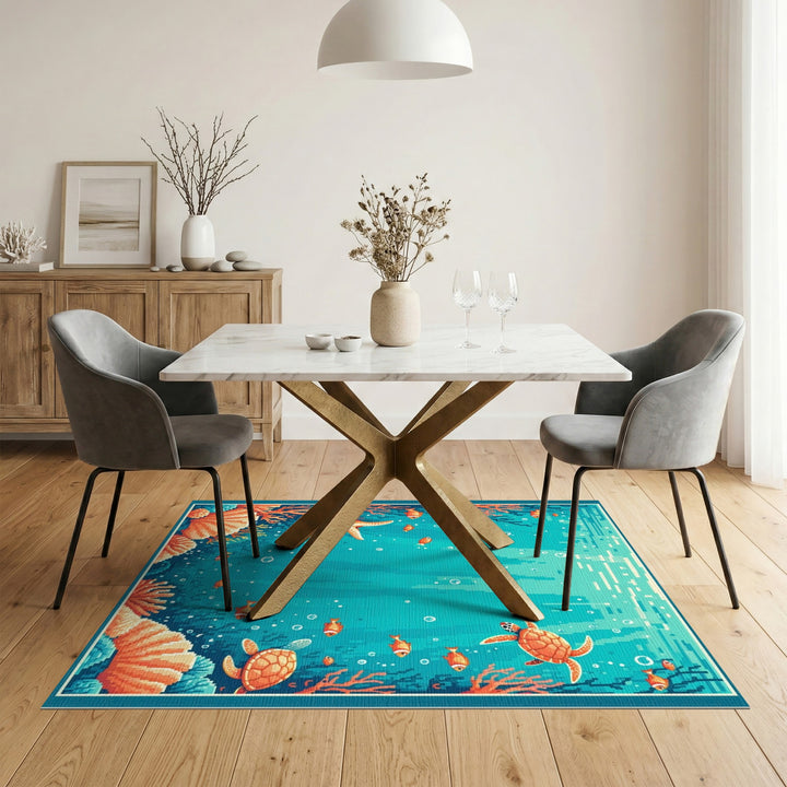 Sea Turtle Blue Teal Washable Area Rug