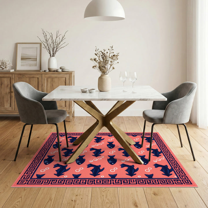 Coral Red Fish Area Rug with Navy Border