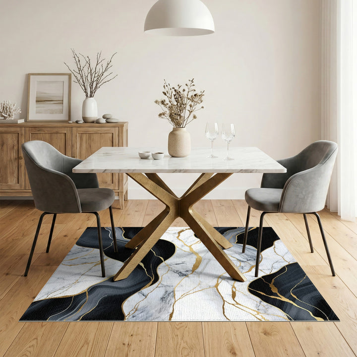 Black White Marble Gold Vein Abstract Area Rug