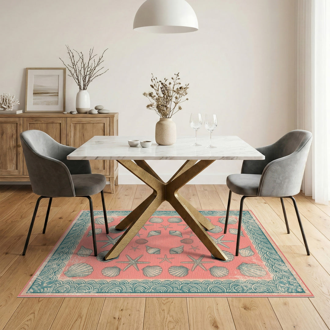 Pink Coastal Seashell Starfish Area Rug